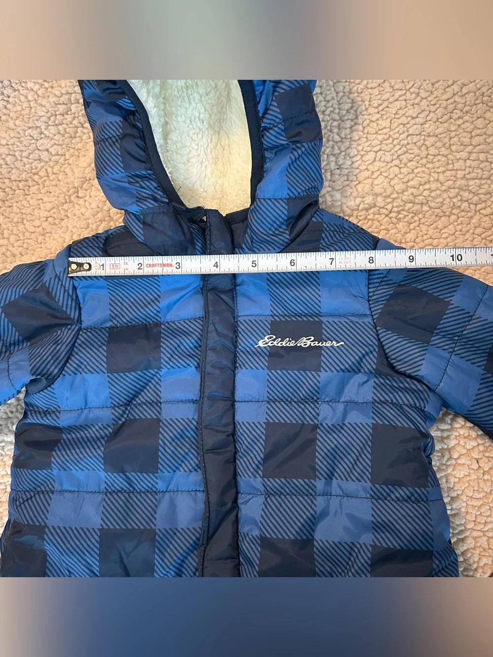 Eddie Bauer baby snowsuit blue and black plaid fullzip with sherpalined hood 3/6